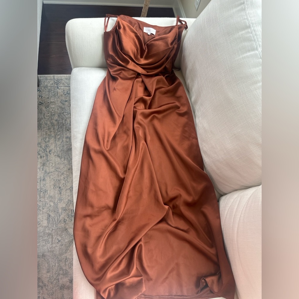 REVELRY Satin Bridesmaid Dress Size 12 Copper Brown Cowl Neck Formal Maxi